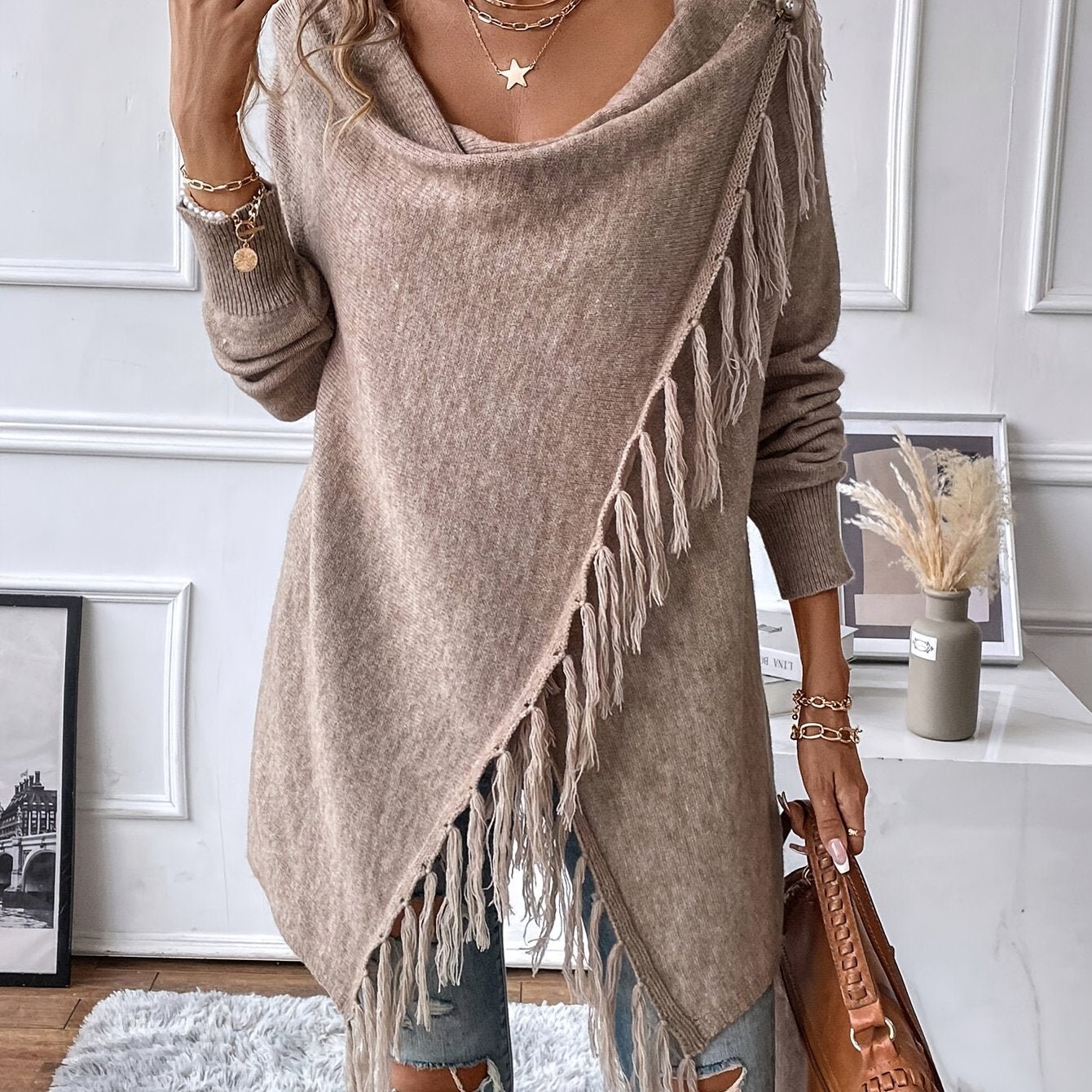 Women'S Elegant Brown Tassel Shawl with Ruffled Hem - Cozy Long Cardigan for Fall/Winter, Casual Style with Fringe Detail, Perfect for Casual Attire, Cozy Clothing | Fringe Detail Cardigan | Fringe Shawl