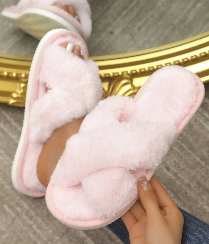 Women's Fluffy Cross Strap Slippers