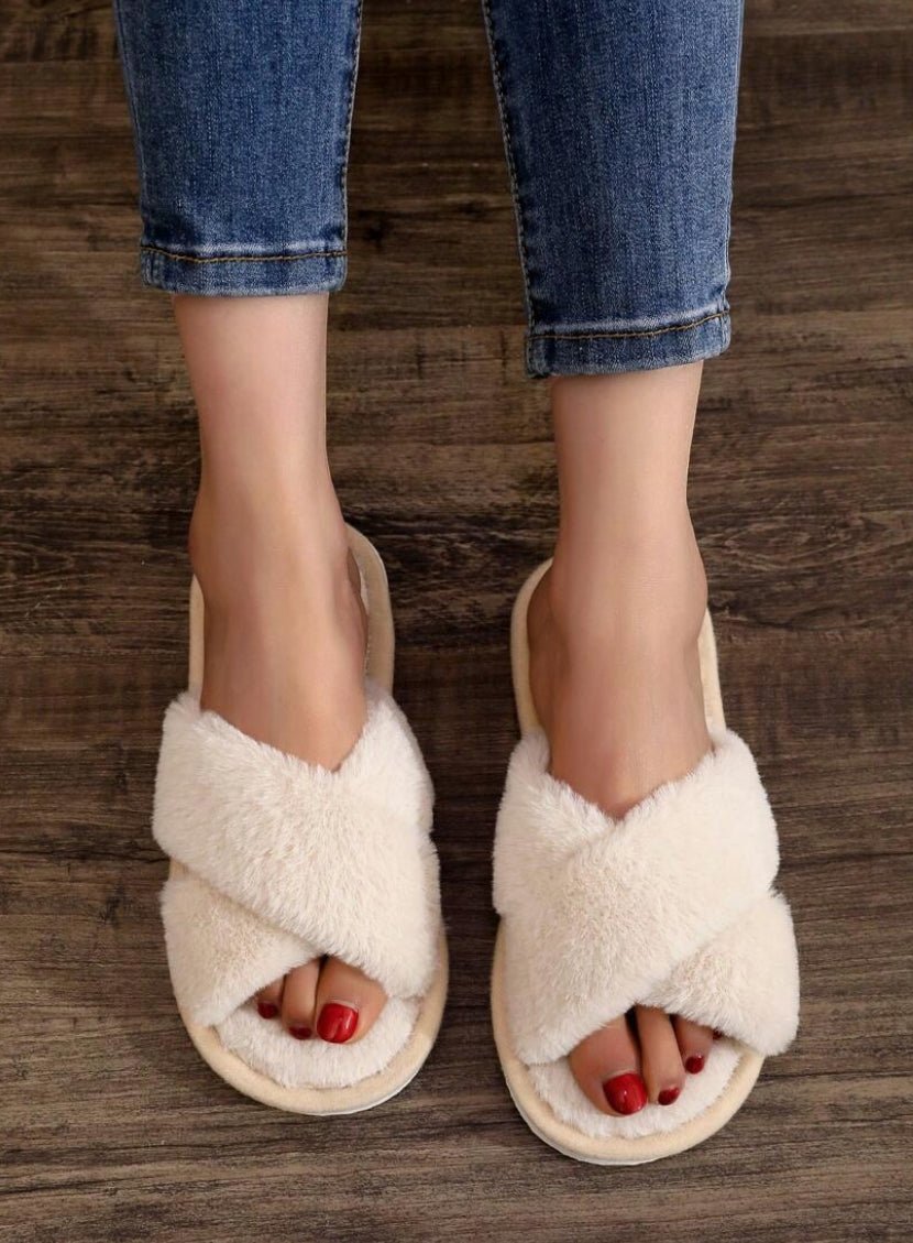 Women's Fluffy Cross Strap Slippers