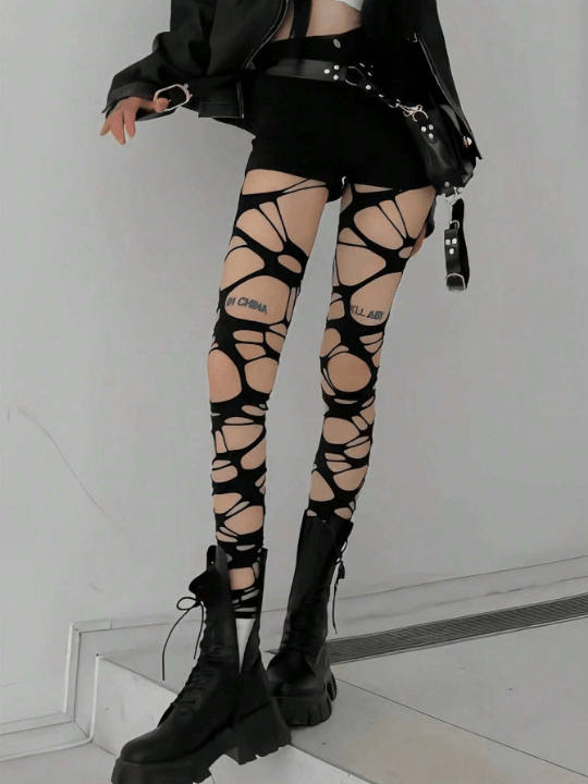 Women's Sexy Subculture Black Torn Fishnet Stockings Y2k Style Hand Ripped Netted Tights, No Socks Included - Lolli World Marketplace