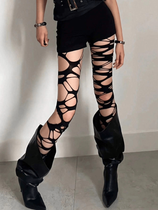 Women's Sexy Subculture Black Torn Fishnet Stockings Y2k Style Hand Ripped Netted Tights, No Socks Included - Lolli World Marketplace