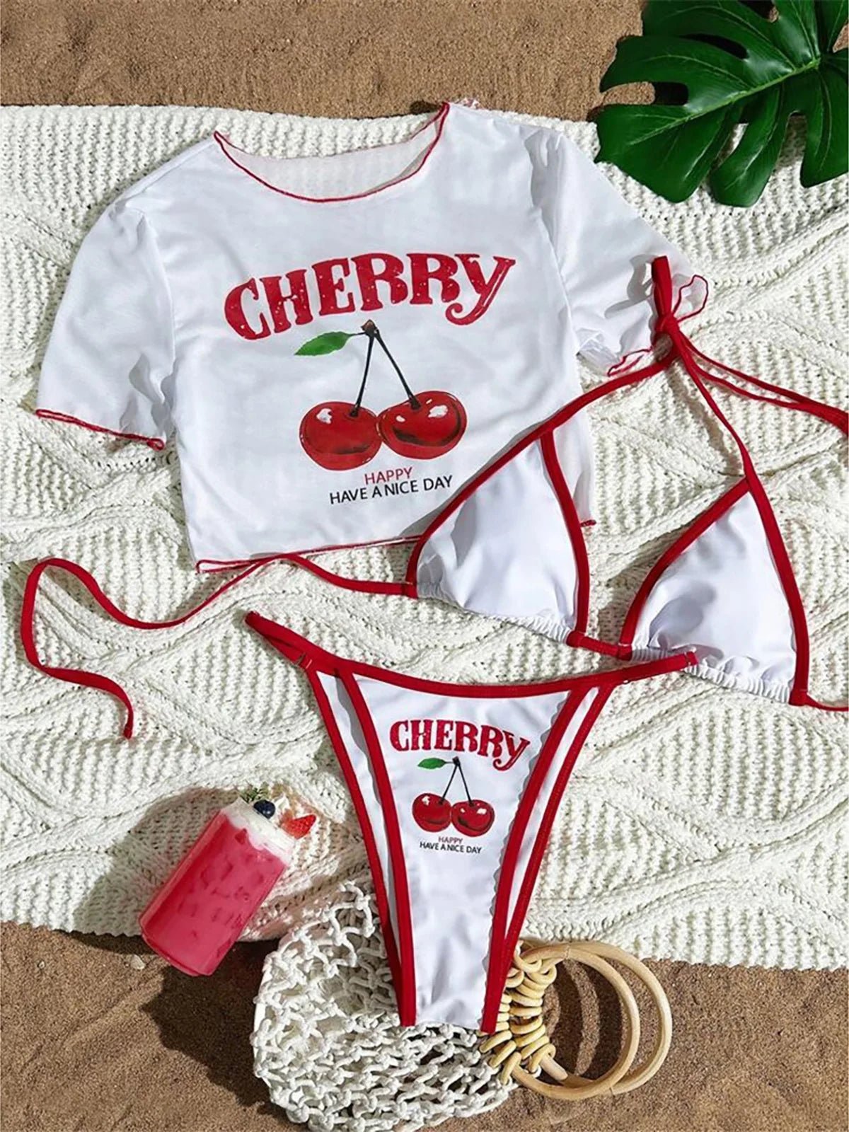 XS - L Cherry Printed Short Sleeve Bikini Female Swimsuit Women Swimwear Three - pieces Bikini set Bather Bathing Suit Swim V6854