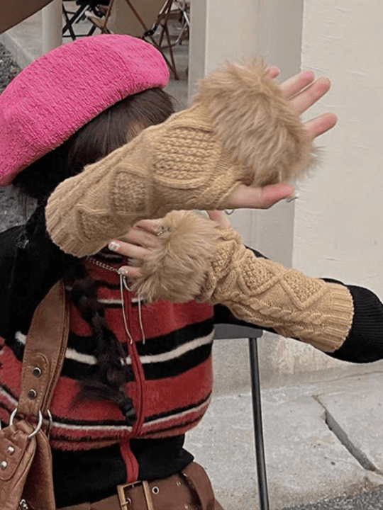 Y2k Fashion Plush Knitted Half Finger Gloves - Lolli World Marketplace
