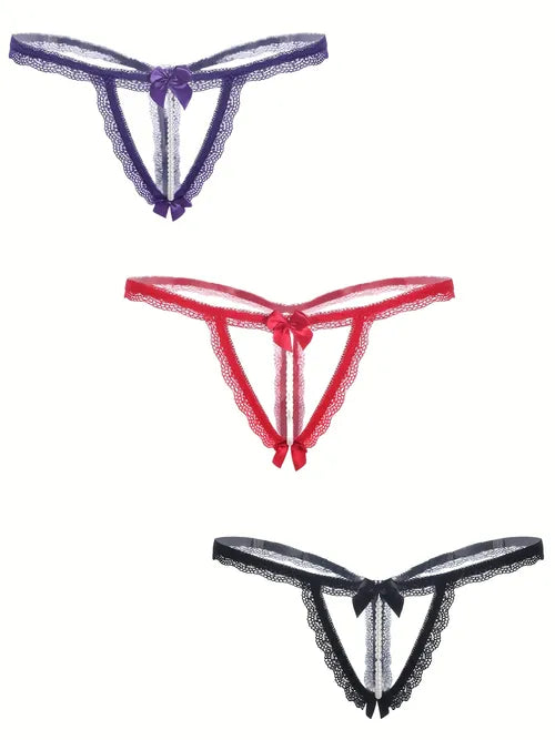 3pcs Floral Lace Bow Thongs, See Through Open Crotch Panties, Women's Lingerie & Underwear