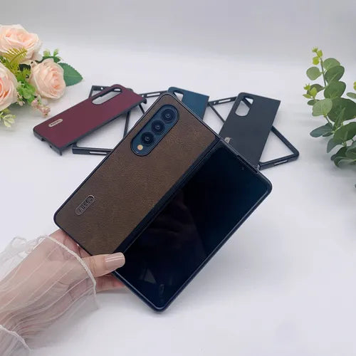 For Samsung Folding Phone Case Lychee Pattern Heart Folding Screen Simple Atmosphere Phone Case Dark Brown For Zfold4/zfold3/W23/W22