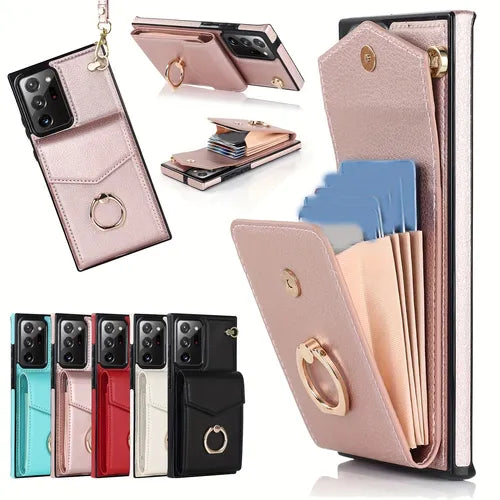 Luxury Leather Phone Case For Samsung Galaxy S23 Ultra S22 Ultra Note 20 Ultra Fashion Slot With Holder Lanyard Ring Wallet Card Bag Protect Cover