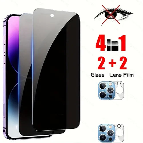 2Pcs Screen Privacy Protection Film & 2Pcs Lens Film High Aluminum Anti-peeping Film For 1iPhone14/14Plus/14Pro/14Pro Max, IPhone13/13Mini/13Pro/13Pro Max, IPhone12/12Mini/12Pro/12Pro Max, IPhone11/11Pro/11Pro Max