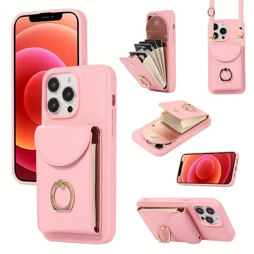 Pink Lychee Patterned Organ Card Case, Large Hole Phone Protective Case, Finger Ring Bracket, All Inclusive Phone Case, For IPhone14promax, With Long Rope Crossbody Bag