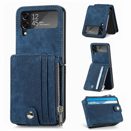 Cards Leather Zipper Phone Case For Samsung Galaxy Z Flip 4 Flip3 Crossbody Wallet Folding Shockproof Cover