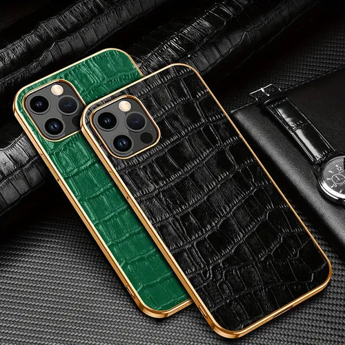 Genuine Leather Crocodile Pattern Phone Case, First Layer Cowhide Plating Golden Border, Crocodile Pattern Genuine Leather Slim Anti-Fall Single Bottom Shell Hard Case For IPhone 14/iPhone 14 Pro/iPhone 14 Plus/ IPhone 14 Pro Max