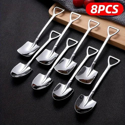 4pcs/8pcs Stainless Steel Coffee Spoon Creative Shovel Shape Tea Spoons Ice Cream Scoop Kitchen Accessories Tableware Cutlery Set