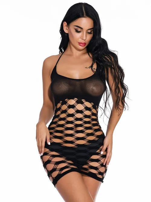 Sexy Mesh Halter Neck Teddy Dress, Semi-Sheer One-Piece Fishnet Wrap Skirt Bodysuit, Women's Sexy Lingerie & Underwear