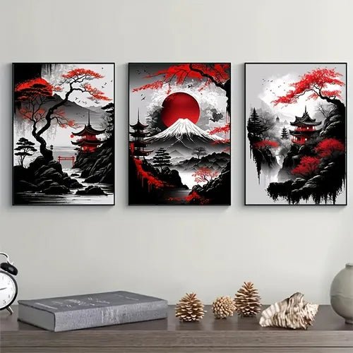 3pcs Frameless Japanese Natural Landscape Canvas Painting, Black And Red Posters, Vintage Ink Art Wall, Art Prints, For Living Room Bedroom Home Decor, No Frame