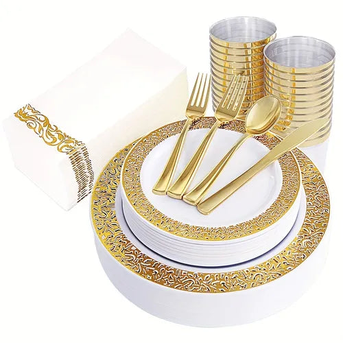 160pcs Golden Plastic Plates, Silverware With Napkins, Includes: 40 Forks, 20 Spoons, 20 Knives, 20 Dinner Plates, 20 Dessert Plate, 20 Plastic Cups 10 OZ, 20 Paper Napkins For Party, Wedding And Holiday, Washable And Reusable, Kitchen Accessories