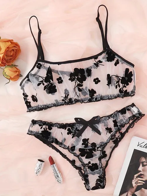 Floral Print Mesh Lingerie Set, See Through Tulle Bra & Sheer Panties, Women's Sexy Lingerie & Underwear