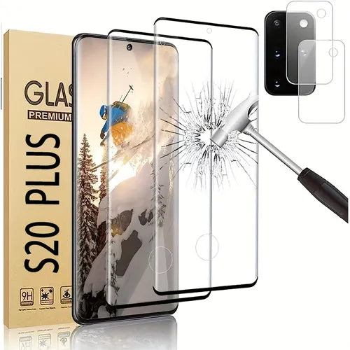 [2+2 Pack] Screen Protector Camera Lens Protector Compatible With Samsung Galaxy S20 Plus 5G 6.7 Inch, Ultra HD Tempered Glass Film, 3D Curved, Fingerprint Unlock