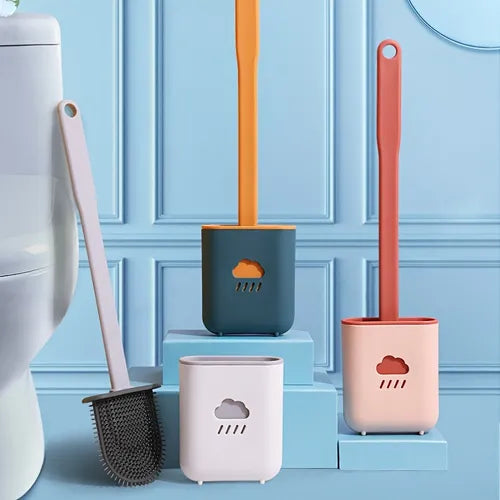 1pc Toilet Brush Holder With Silicone Bristles, Non-Slip Long Plastic Handle, Curved Brush Clean Every Corner Of The Toilet, Anti-Drip Kit, Wall-Mounted, No Drilling, Quick-Drying, Bathroom Accessories, Bathroom Cleaning Tool