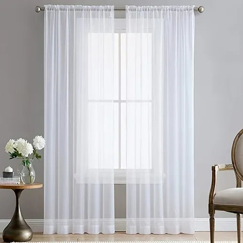 2 Panels White Sheer Voile Window Treatment Rod Pocket Curtain Panels For Kitchen, Bedroom And Living Room Home Decor