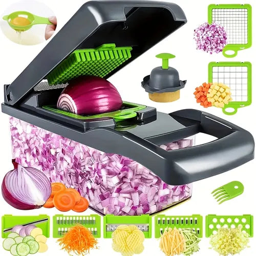 14/16pcs/Set, Vegetable Chopper, Multifunctional Fruit Slicer, Handle Food Grater, Vegetable Slicer, Cutter With Container, Onion Mincer Chopper With Multiple Interchangeable Blades, Household Potato Shredder, Kitchen Stuff, Kitchen Gadgets