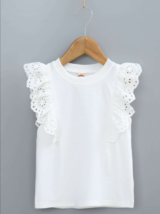 Young Girl Contrast Eyelet Embroidery Ruffle Tank Top