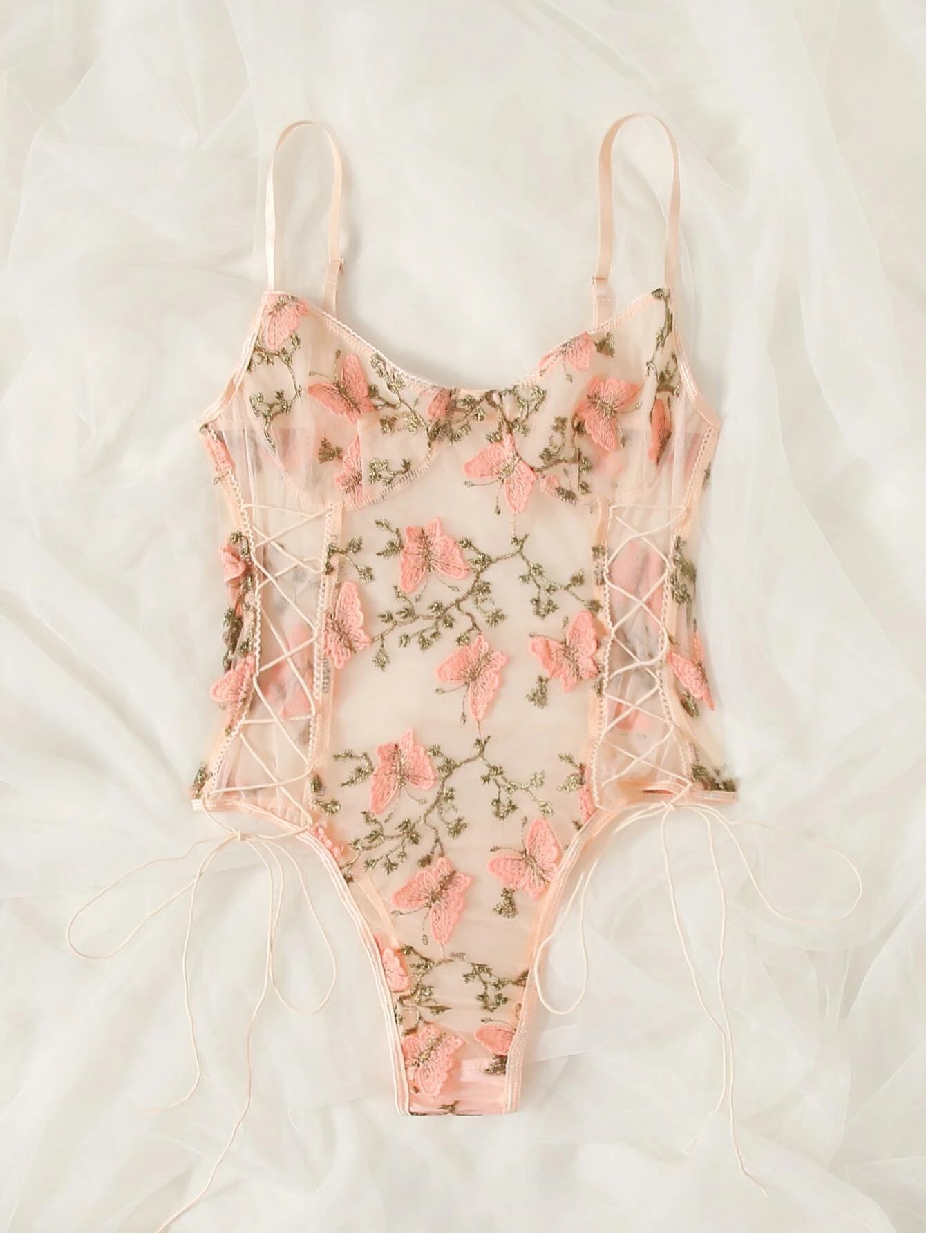 Butterfly Embroidered Mesh Teddy Bodysuit