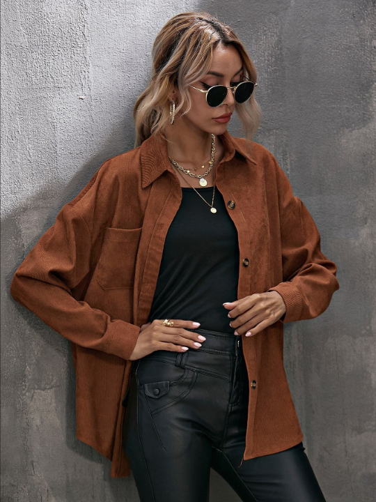 LUNE Corduroy Curved Hem Drop Shoulder Blouse