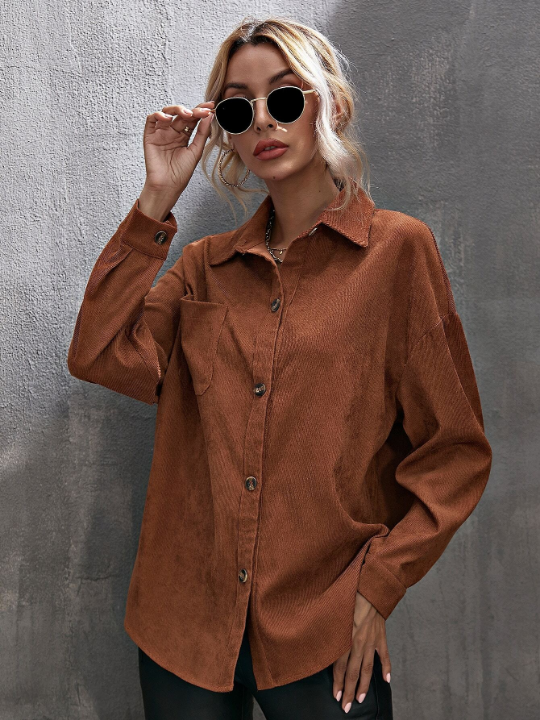 LUNE Corduroy Curved Hem Drop Shoulder Blouse