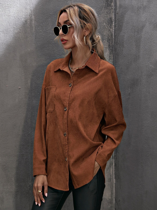 LUNE Corduroy Curved Hem Drop Shoulder Blouse