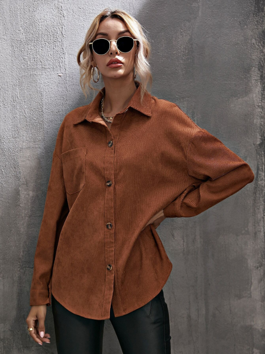 LUNE Corduroy Curved Hem Drop Shoulder Blouse