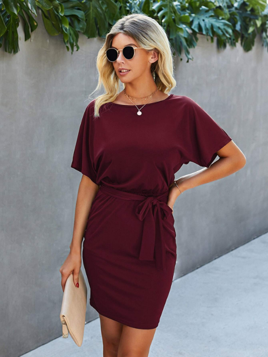 LUNE Solid Batwing Sleeve Belted Fitted Dress