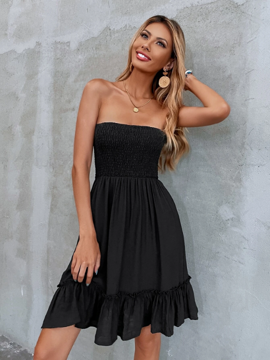 Frenchy Ruffle Hem Shirred Bodice Solid Tube Dress