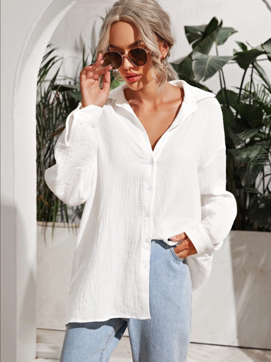 Frenchy Drop Shoulder Solid Longline Shirt