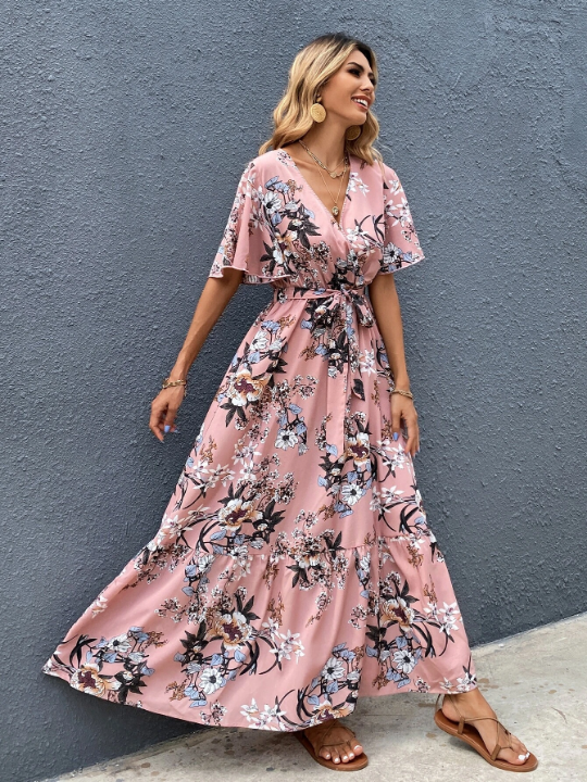 VCAY Surplice Front Floral Print Belted Dress