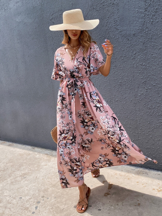 VCAY Surplice Front Floral Print Belted Dress