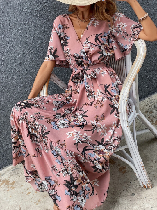 VCAY Surplice Front Floral Print Belted Dress