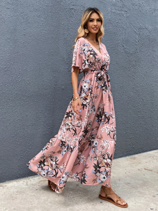 VCAY Surplice Front Floral Print Belted Dress