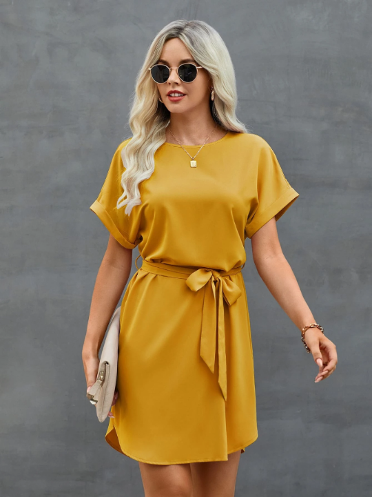 LUNE Solid Self Tie Tunic Dress