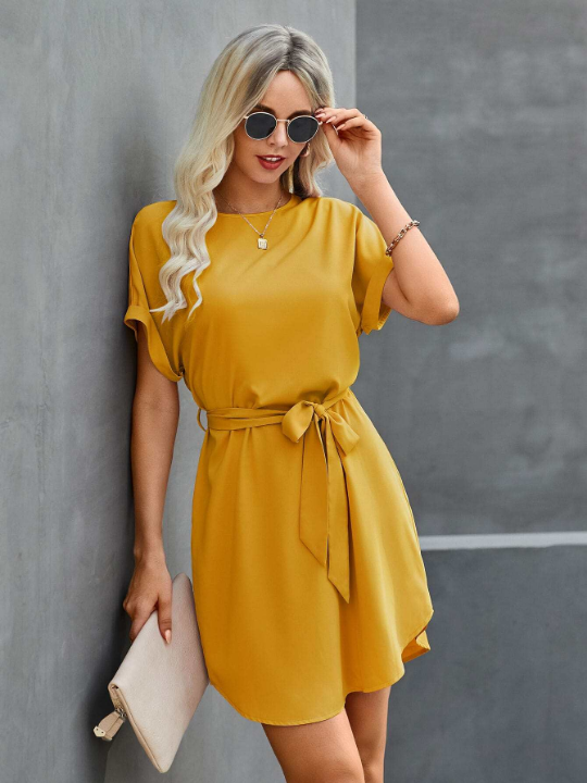 LUNE Solid Self Tie Tunic Dress