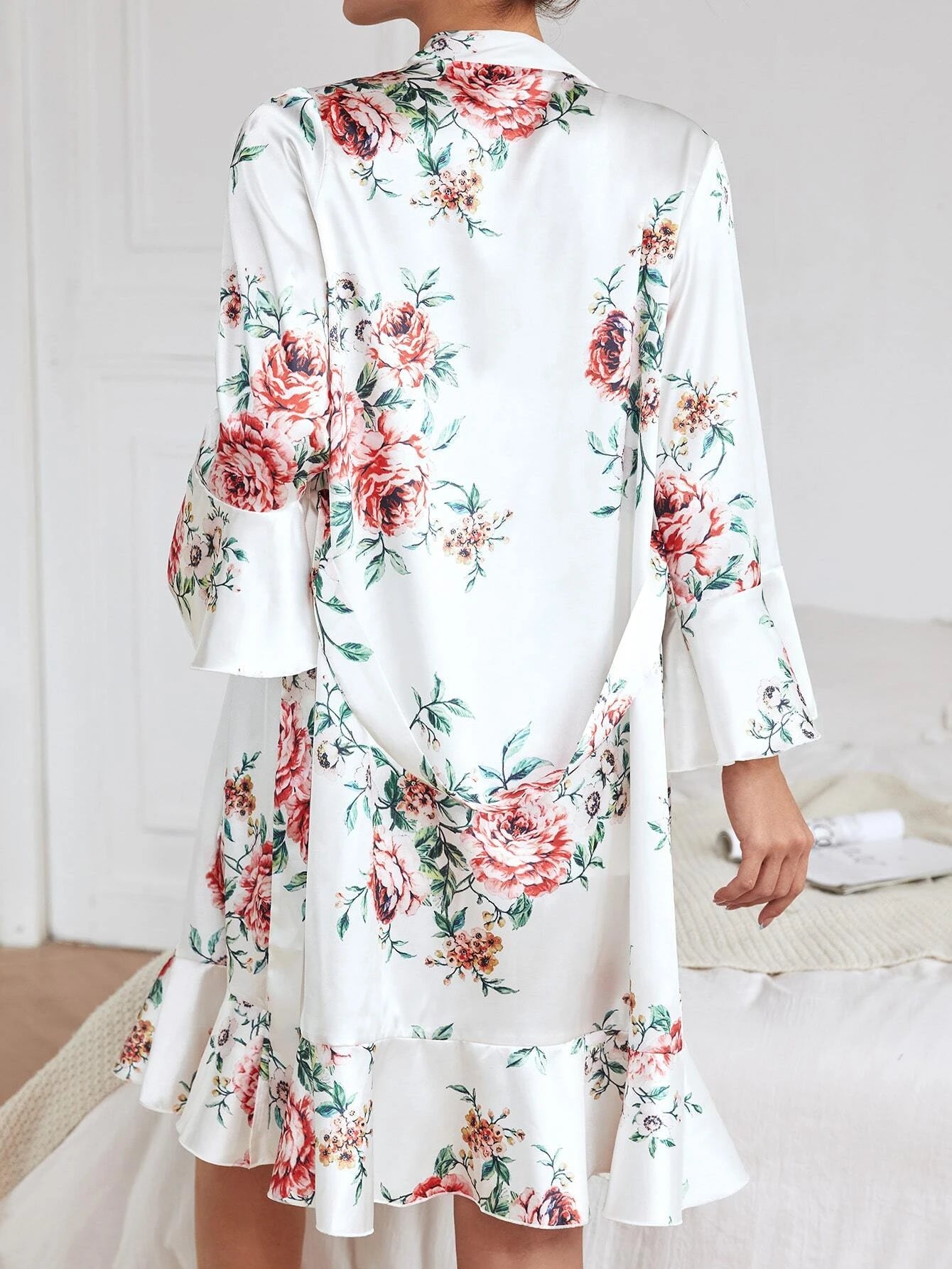 Floral Print Satin Slips With Belted Robe