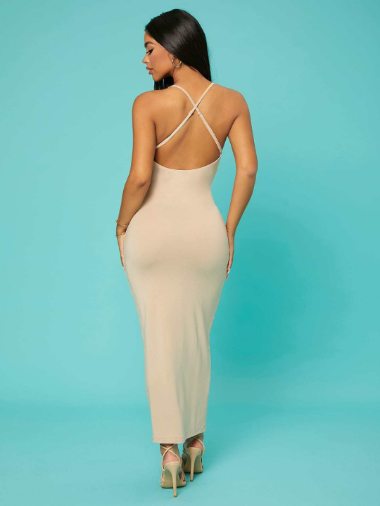 SXY Solid Criss-cross Backless Bodycon Dress