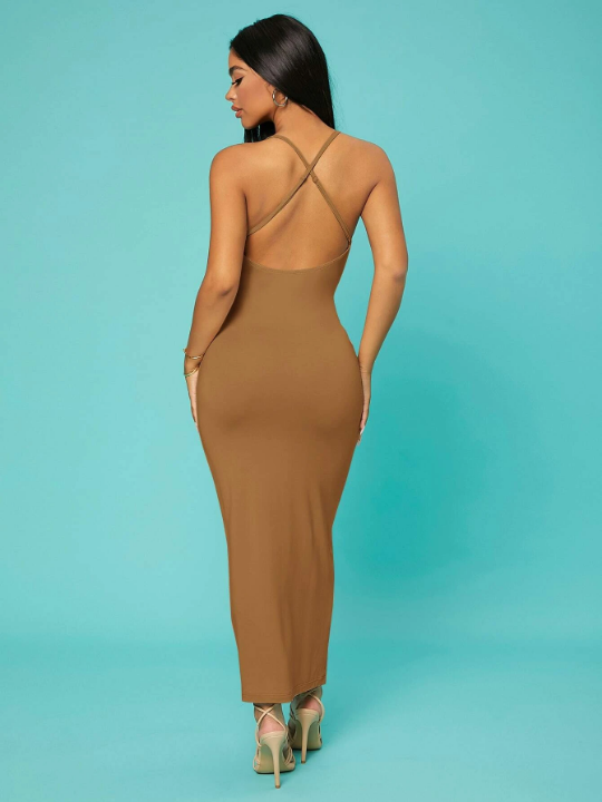 SXY Solid Criss-cross Backless Bodycon Dress