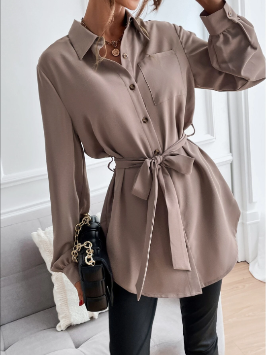 Privé Solid Button Front Belted Shirt