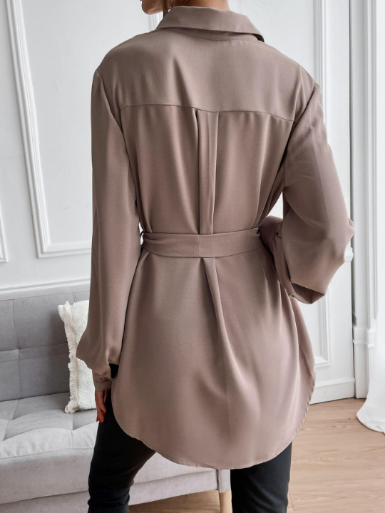 Privé Solid Button Front Belted Shirt