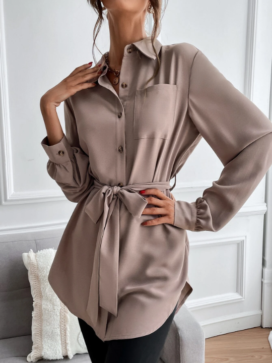 Privé Solid Button Front Belted Shirt