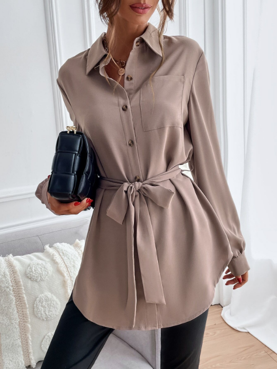 Privé Solid Button Front Belted Shirt