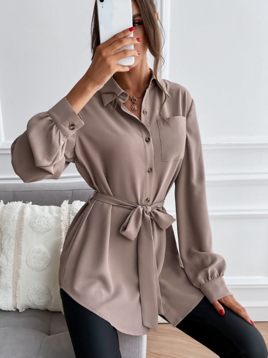 Privé Solid Button Front Belted Shirt