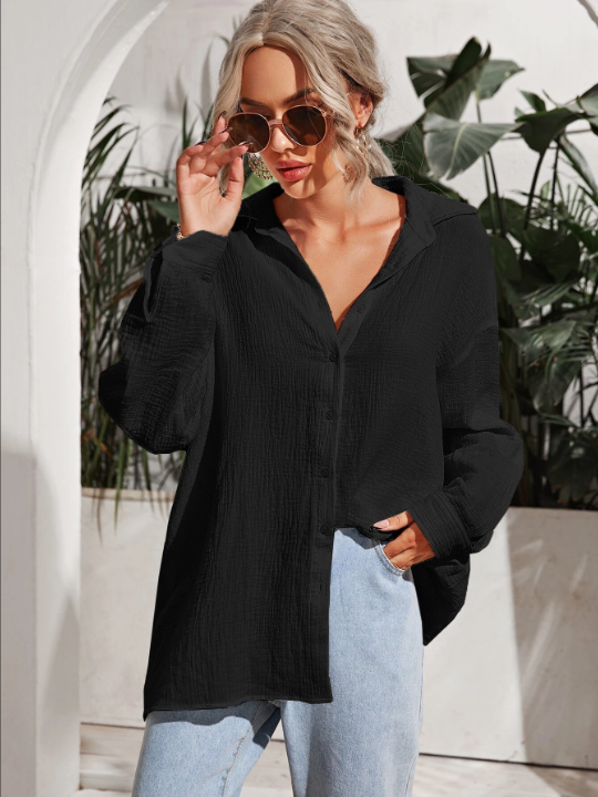 Frenchy Drop Shoulder Solid Longline Shirt