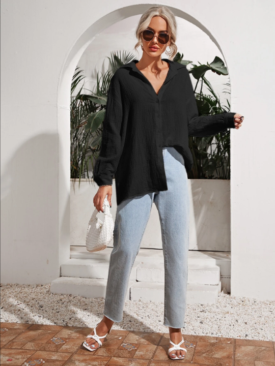 Frenchy Drop Shoulder Solid Longline Shirt