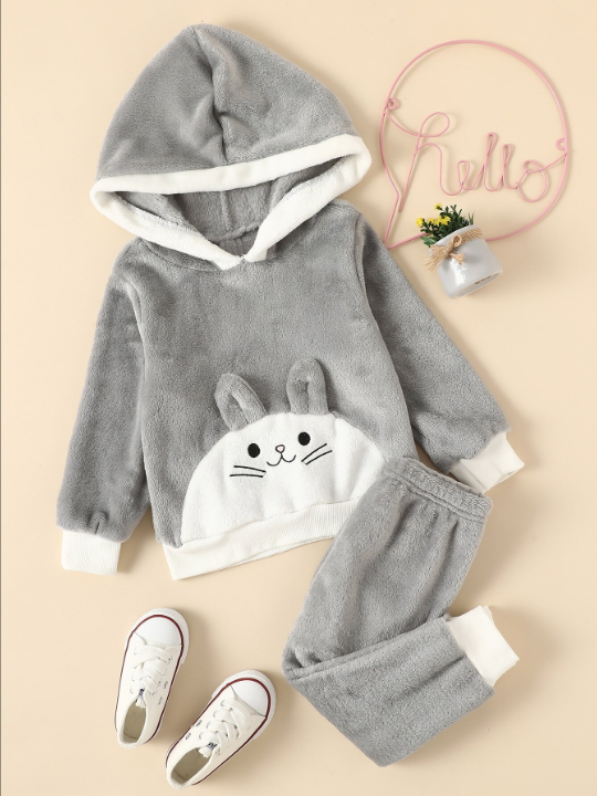 Kids QTFun Young Girl Cat Embroidery 3D Ears Design Flannel Hoodie & Sweatpants