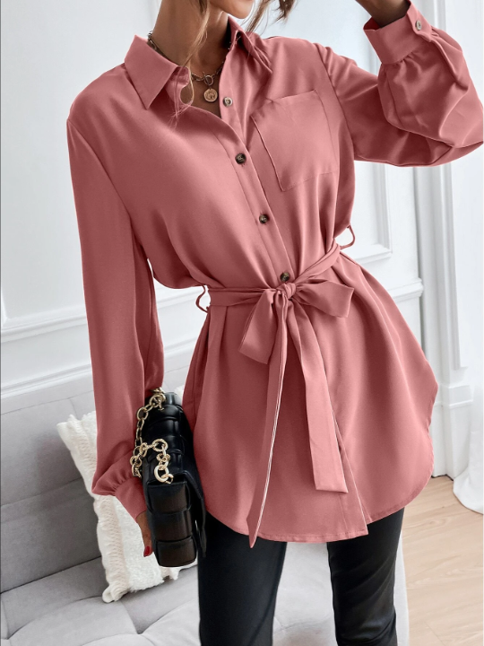 Privé Solid Button Front Belted Shirt